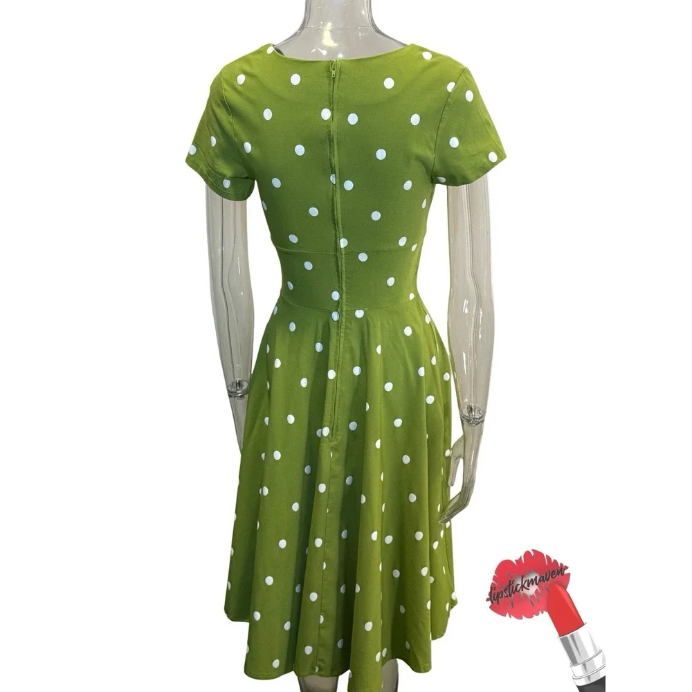 Unique Vintage Dress Womens Small 4 Green Polka Dot Retro Midi - Picture 3 of 16